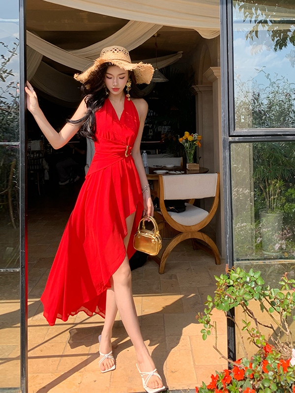 Red Irregular V-Neck Halter Split Dress for Women - Exquisite Design, Waist-Cinching, Perfect for Beach Vacations and Summer Events Red Irregular V-Neck Halter Split Dress for Women - Exquisite Design, Waist-Cinching, Perfect for Beach Vacations and Summer Events