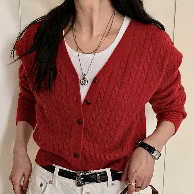 Red Knitted Cardigan for Women - Versatile Long Sleeve Sweater Coat for Spring & Autumn, Airy Wool Blend Layering Piece Red Knitted Cardigan for Women - Versatile Long Sleeve Sweater Coat for Spring & Autumn, Airy Wool Blend Layering Piece