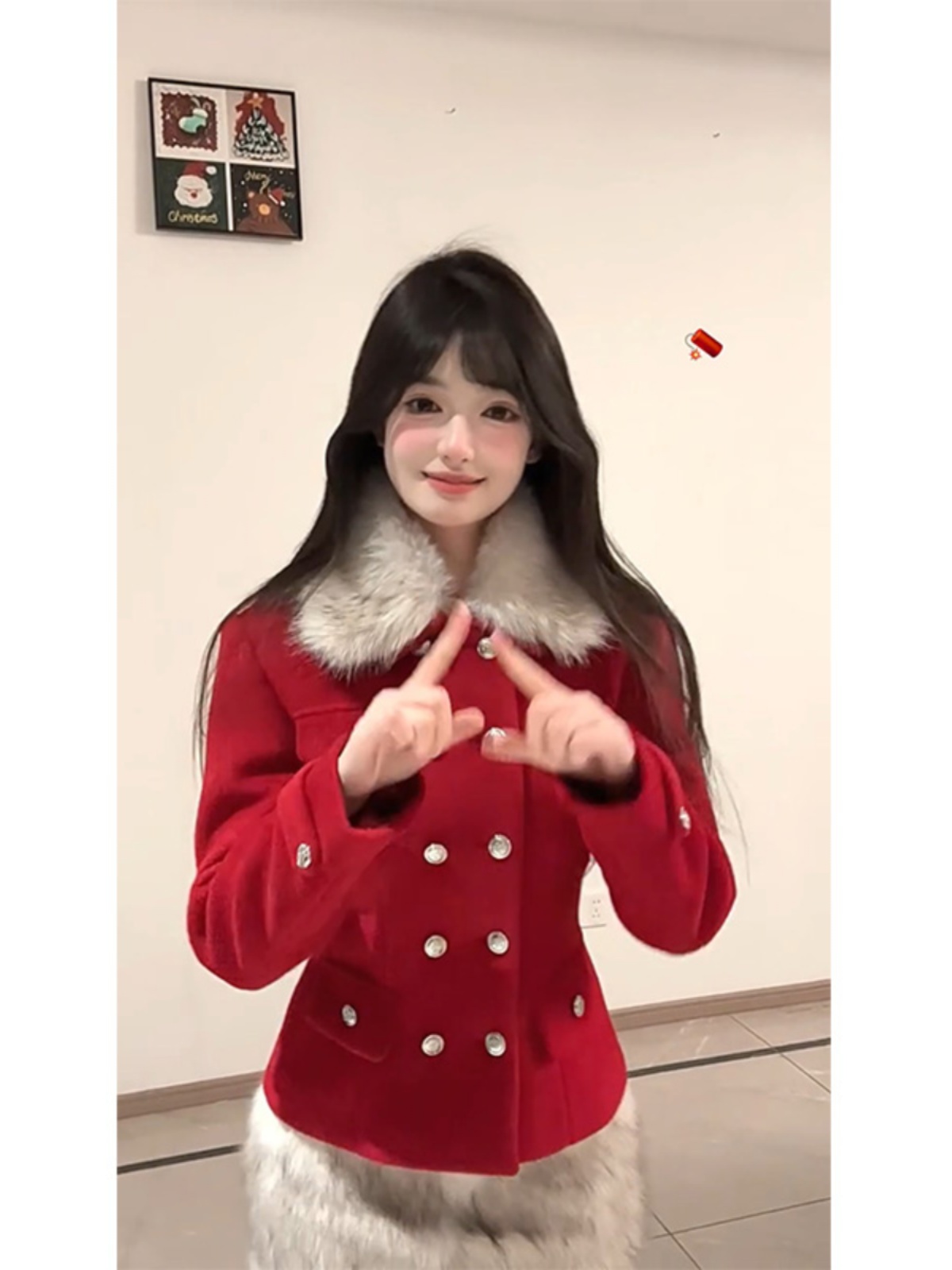 Red Lapel Double-Breasted Wool Coat with Waist-Cinching Design & Low-Waist Plush Skirt - Chic 90s Inspired Fashion Set Red Lapel Double-Breasted Wool Coat with Waist-Cinching Design & Low-Waist Plush Skirt - Chic 90s Inspired Fashion Set