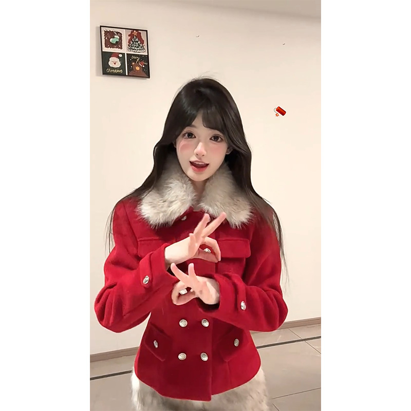Red Lapel Double-Breasted Wool Coat with Waist-Cinching Design & Low-Waist Plush Skirt - Chic 90s Inspired Fashion Set Red Lapel Double-Breasted Wool Coat with Waist-Cinching Design & Low-Waist Plush Skirt - Chic 90s Inspired Fashion Set