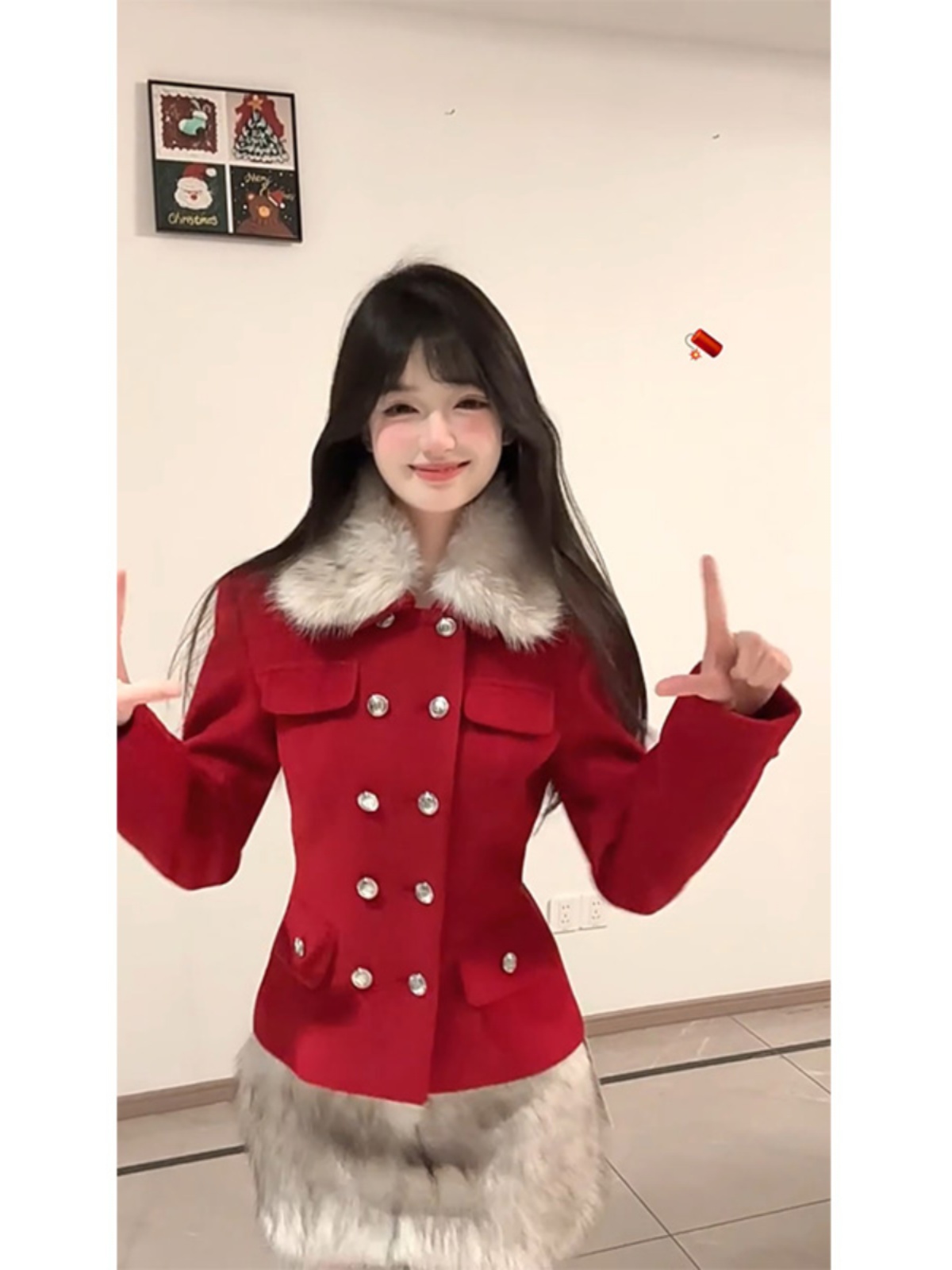 Red Lapel Double-Breasted Wool Coat with Waist-Cinching Design & Low-Waist Plush Skirt - Chic 90s Inspired Fashion Set