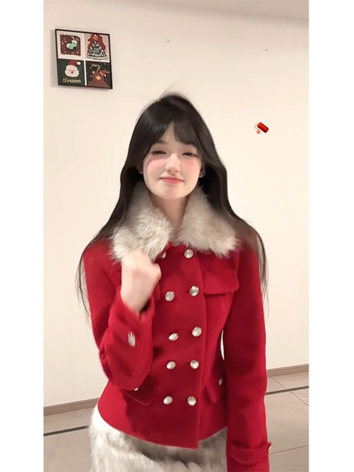 Red Lapel Double-Breasted Wool Coat with Waist-Cinching Design & Low-Waist Plush Skirt - Chic 90s Inspired Fashion Set Red Lapel Double-Breasted Wool Coat with Waist-Cinching Design & Low-Waist Plush Skirt - Chic 90s Inspired Fashion Set