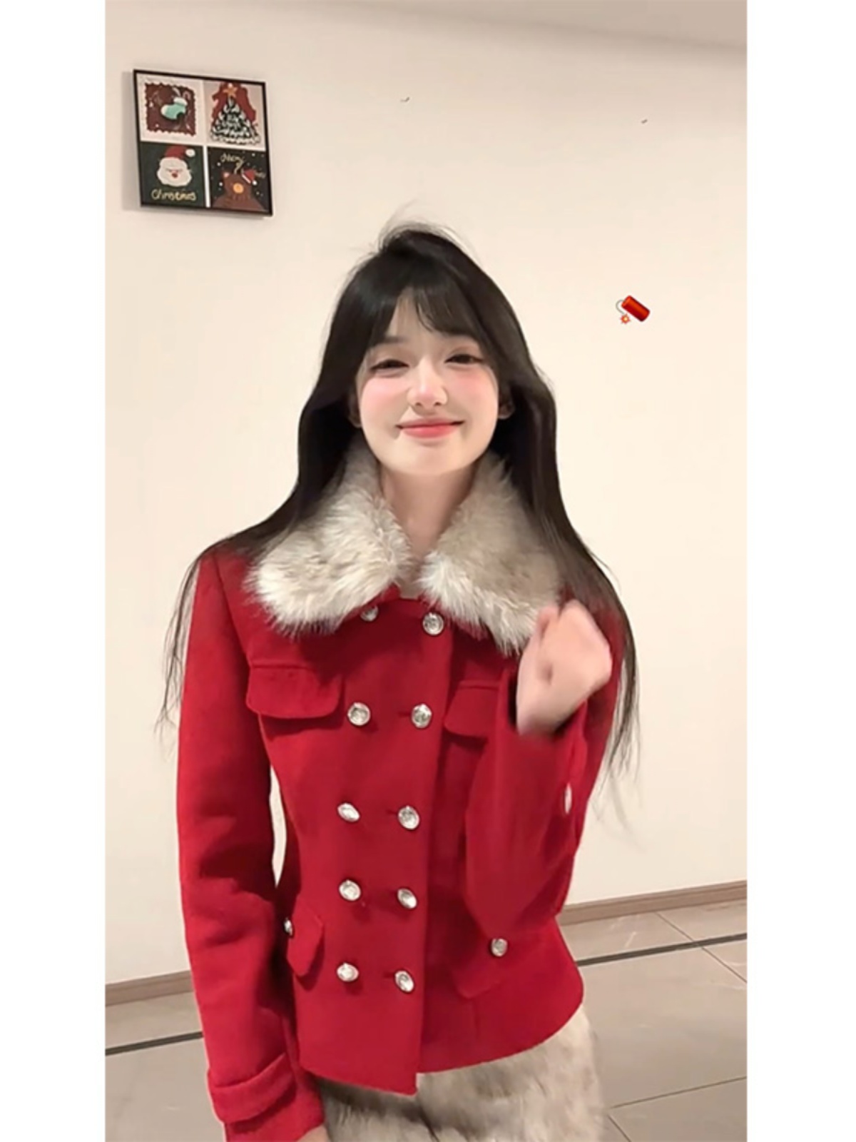 Red Lapel Double-Breasted Wool Coat with Waist-Cinching Design & Low-Waist Plush Skirt - Chic 90s Inspired Fashion Set Red Lapel Double-Breasted Wool Coat with Waist-Cinching Design & Low-Waist Plush Skirt - Chic 90s Inspired Fashion Set