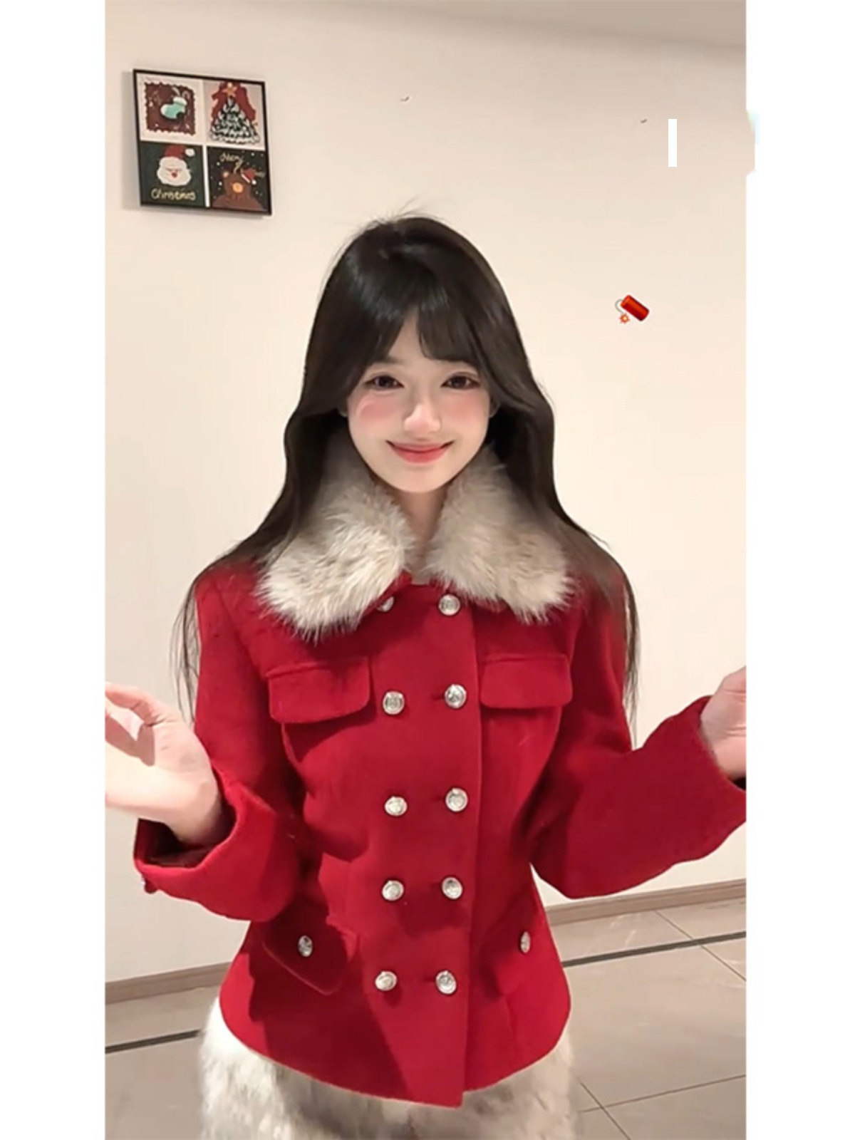 Red Lapel Double-Breasted Wool Coat with Waist-Cinching Design & Low-Waist Plush Skirt - Chic 90s Inspired Fashion Set Red Lapel Double-Breasted Wool Coat with Waist-Cinching Design & Low-Waist Plush Skirt - Chic 90s Inspired Fashion Set