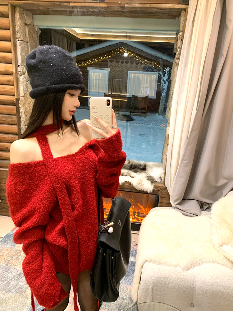 Red Loose V-Neck Sweater for Women - Autumn Winter Knitwear, Long Sleeve Top, Cozy Casual Style, Relaxed Fit