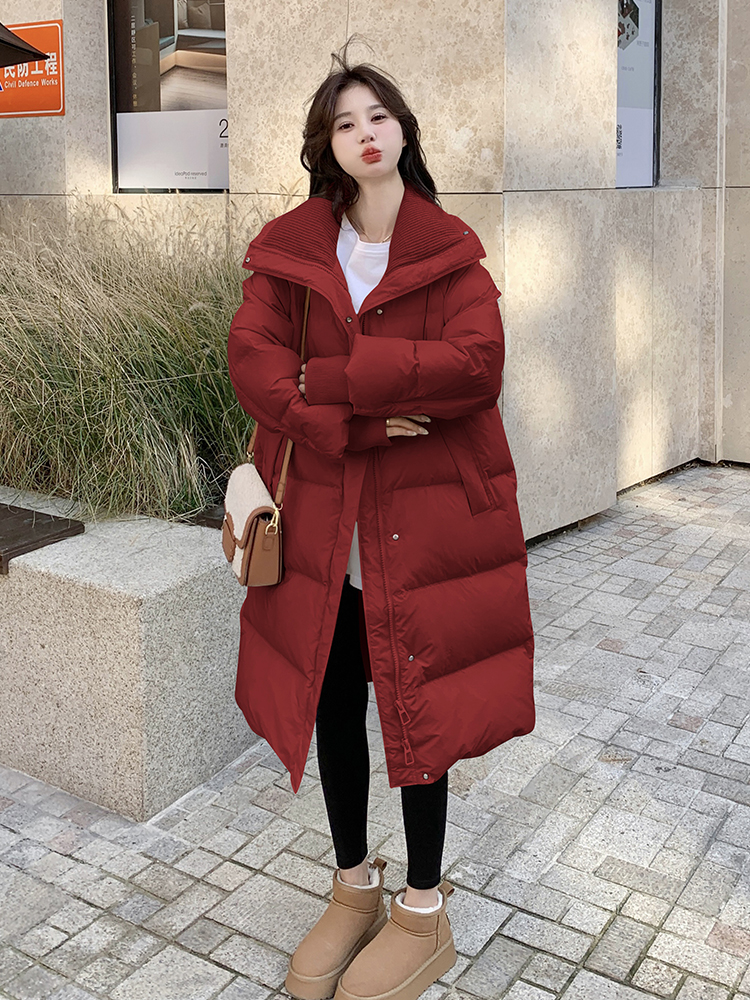 Red Mid-Length Down Jacket for Women - Harbor Style, Knitted Splicing, Thick White Duck Down, Trendy Winter Outerwear