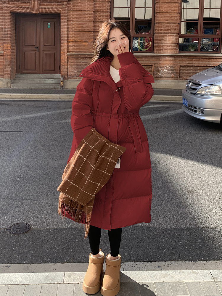 Red Mid-Length Down Jacket for Women - Harbor Style, Knitted Splicing, Thick White Duck Down, Trendy Winter Outerwear Red Mid-Length Down Jacket for Women - Harbor Style, Knitted Splicing, Thick White Duck Down, Trendy Winter Outerwear