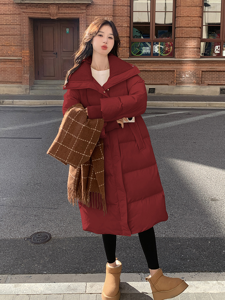 Red Mid-Length Down Jacket for Women - Harbor Style, Knitted Splicing, Thick White Duck Down, Trendy Winter Outerwear