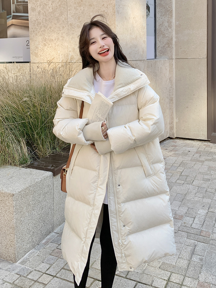 Red Mid-Length Down Jacket for Women - Harbor Style, Knitted Splicing, Thick White Duck Down, Trendy Winter Outerwear Red Mid-Length Down Jacket for Women - Harbor Style, Knitted Splicing, Thick White Duck Down, Trendy Winter Outerwear