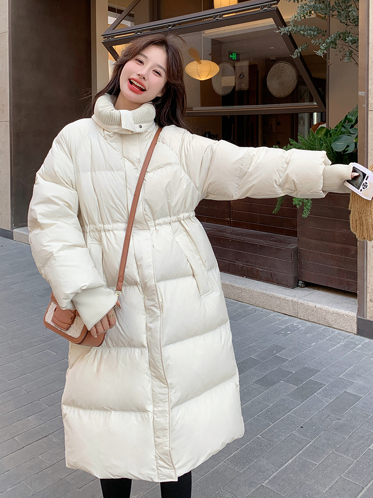 Red Mid-Length Down Jacket for Women - Harbor Style, Knitted Splicing, Thick White Duck Down, Trendy Winter Outerwear Red Mid-Length Down Jacket for Women - Harbor Style, Knitted Splicing, Thick White Duck Down, Trendy Winter Outerwear