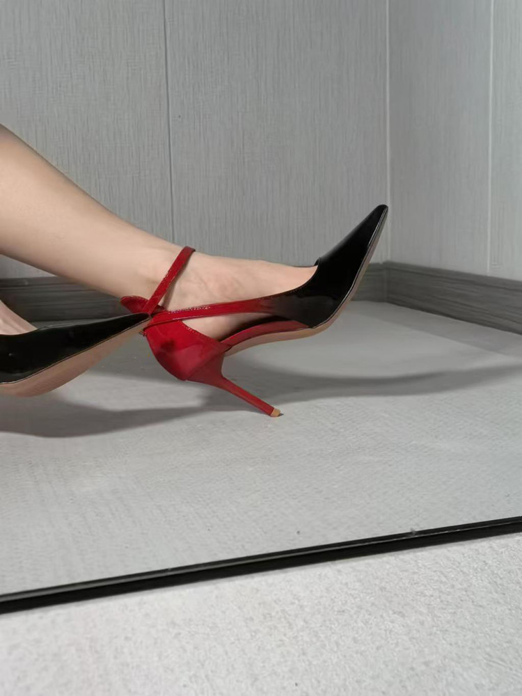 Red Patent Leather High-Heeled Sandals for Women, Pointed Toe Thin Heel, Sexy Closed-Toe Design, 2025 Spring Autumn Fashion Flats