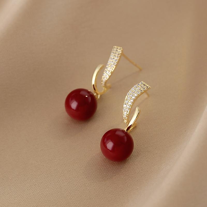Red Pearl Earrings for Women - Light Luxury High-End Ear Studs, 2025 New Style, Elegant Accessories for New Year Celebrations