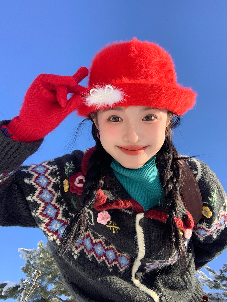 Red Plush Fisherman's Bucket Hat for Women - 2025 Autumn Winter Style, Small Face Gift, Trendy Fashion Accessory