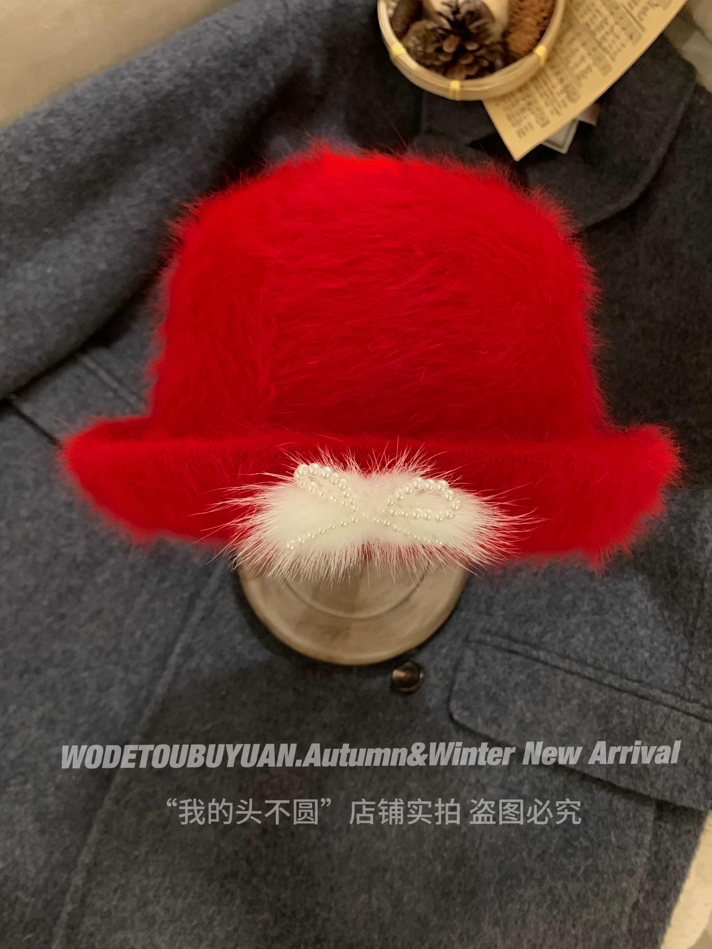 Red Plush Fisherman's Bucket Hat for Women - 2025 Autumn Winter Style, Small Face Gift, Trendy Fashion Accessory