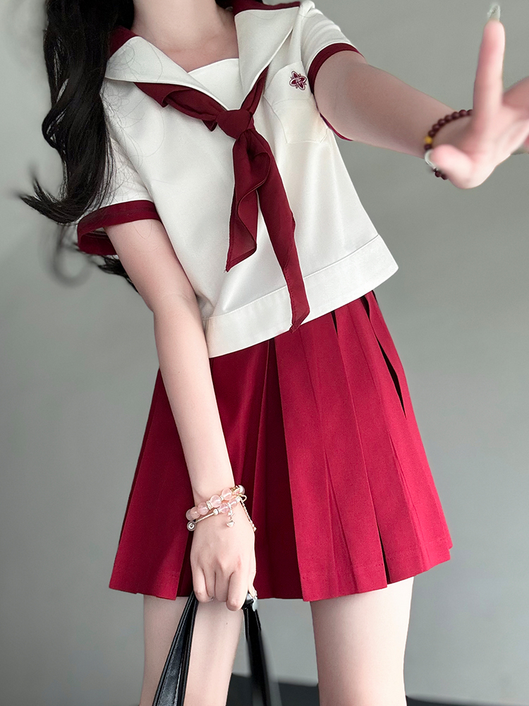 Red Pudding Bear Embroidered Color Block Sailor Suit Women's JK Uniform Academy Style with Navy Collar - Trendy Y2K Fashion Set Red Pudding Bear Embroidered Color Block Sailor Suit Women's JK Uniform Academy Style with Navy Collar - Trendy Y2K Fashion Set