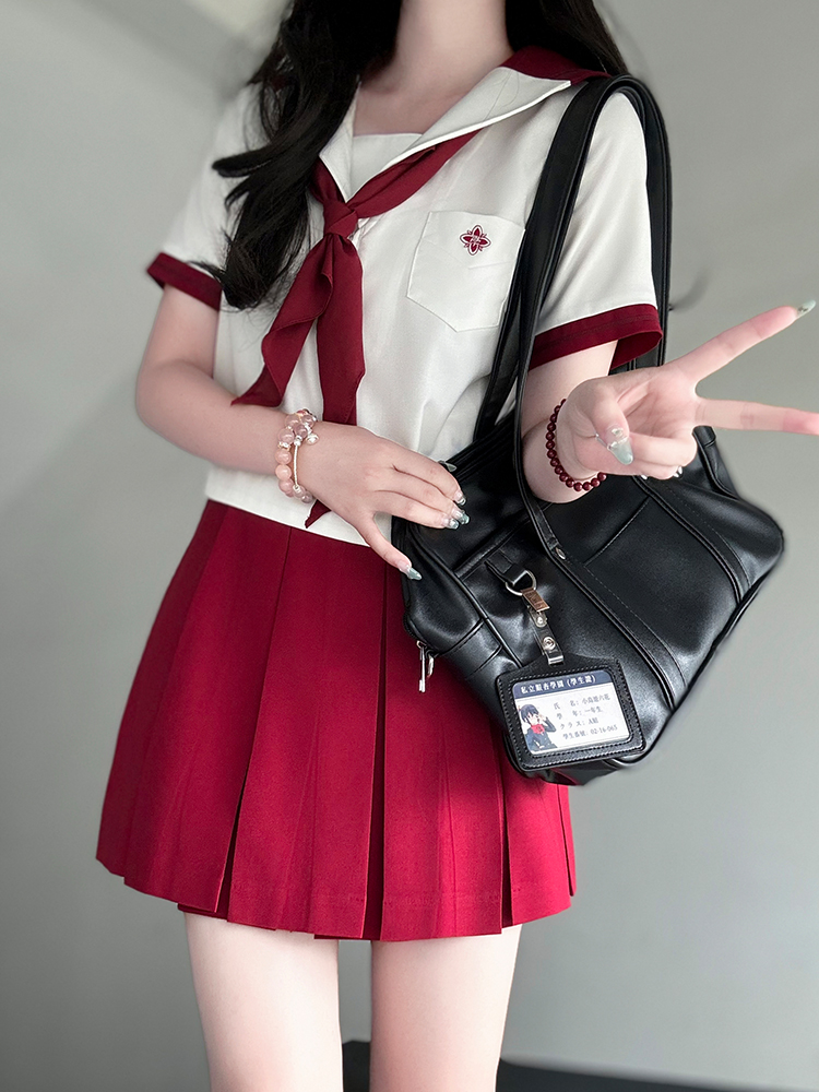 Red Pudding Bear Embroidered Color Block Sailor Suit Women's JK Uniform Academy Style with Navy Collar - Trendy Y2K Fashion Set Red Pudding Bear Embroidered Color Block Sailor Suit Women's JK Uniform Academy Style with Navy Collar - Trendy Y2K Fashion Set