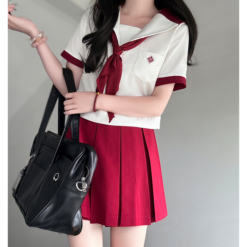 Red Pudding Bear Embroidered Color Block Sailor Suit Women's JK Uniform Academy Style with Navy Collar - Trendy Y2K Fashion Set