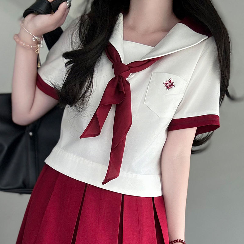 Red Pudding Bear Embroidered Color Block Sailor Suit Women's JK Uniform Academy Style with Navy Collar - Trendy Y2K Fashion Set Red Pudding Bear Embroidered Color Block Sailor Suit Women's JK Uniform Academy Style with Navy Collar - Trendy Y2K Fashion Set