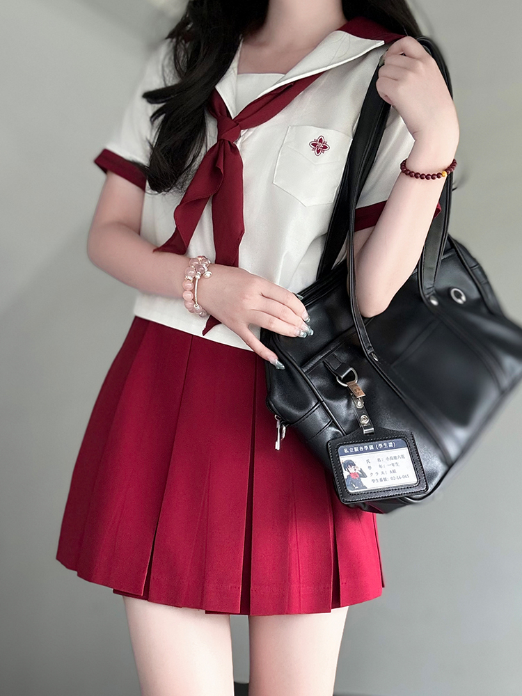 Red Pudding Bear Embroidered Color Block Sailor Suit Women's JK Uniform Academy Style with Navy Collar - Trendy Y2K Fashion Set Red Pudding Bear Embroidered Color Block Sailor Suit Women's JK Uniform Academy Style with Navy Collar - Trendy Y2K Fashion Set