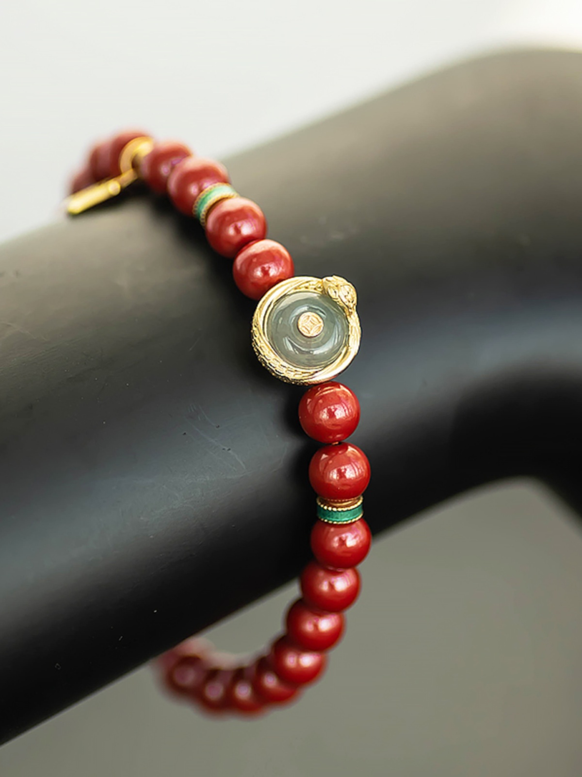 Red Sandalwood Bracelet for Women with Jade Peace Pendant, Natural Emperor Sand Circle, Year of the Snake Birthstone, 925 Gold-Plated. Red Sandalwood Bracelet for Women with Jade Peace Pendant, Natural Emperor Sand Circle, Year of the Snake Birthstone, 925 Gold-Plated.
