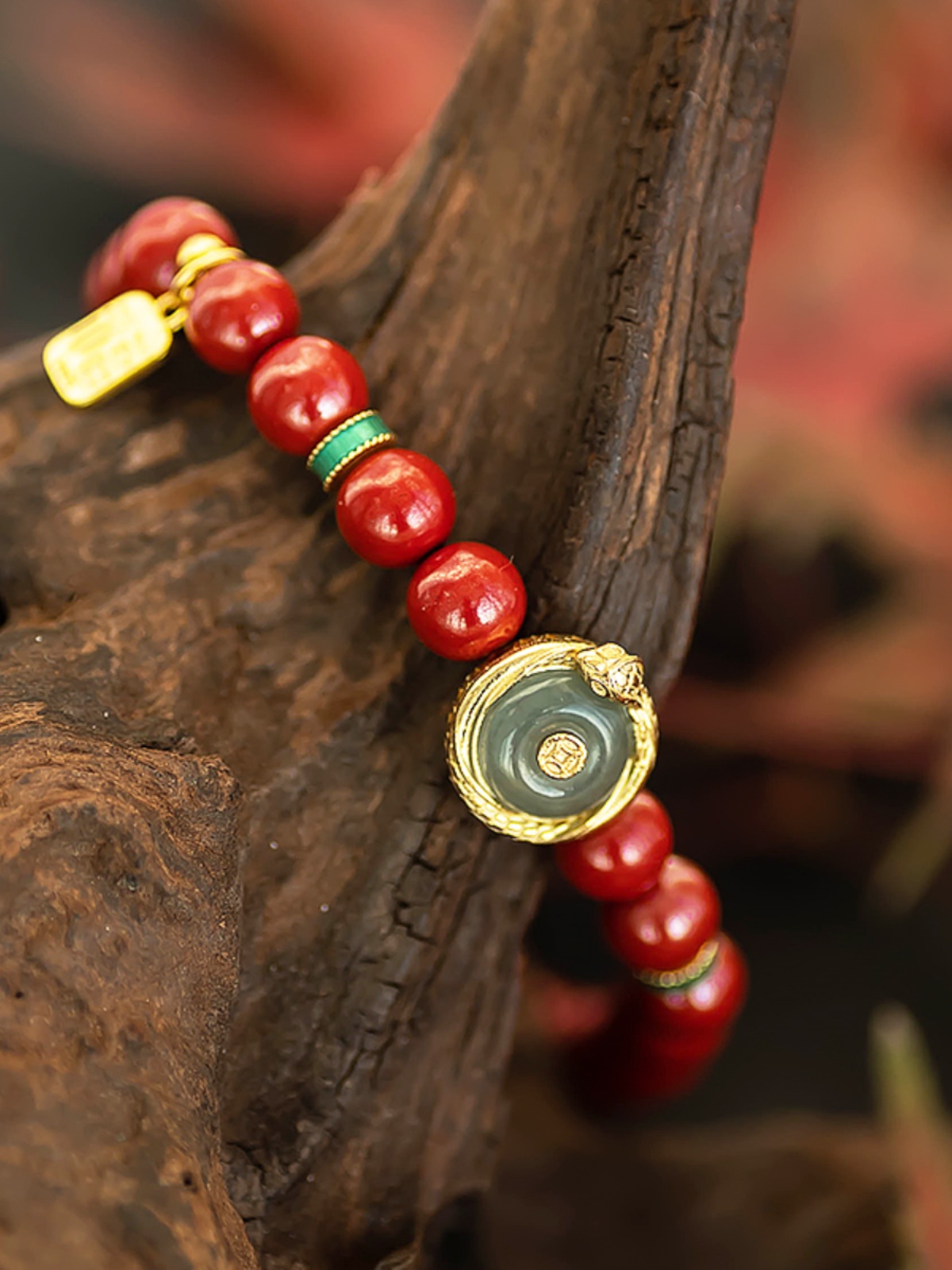 Red Sandalwood Bracelet for Women with Jade Peace Pendant, Natural Emperor Sand Circle, Year of the Snake Birthstone, 925 Gold-Plated. Red Sandalwood Bracelet for Women with Jade Peace Pendant, Natural Emperor Sand Circle, Year of the Snake Birthstone, 925 Gold-Plated.