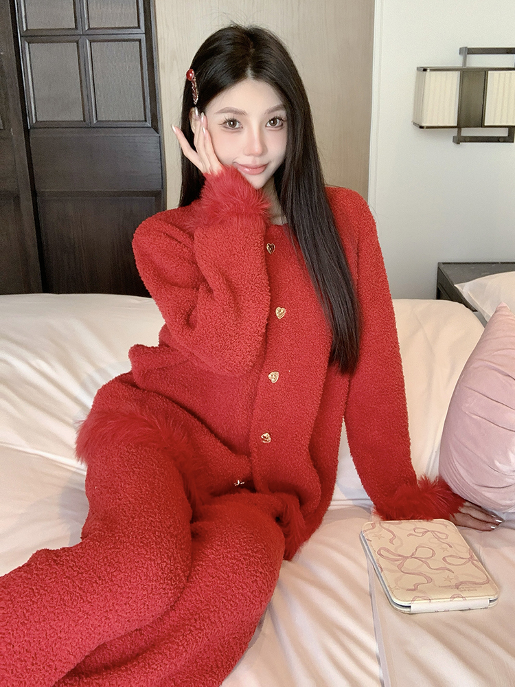 Red Sexy Thickened Coral Fleece Pajamas Set for Women - Autumn Winter Loungewear for Weddings and Cozy Evenings Red Sexy Thickened Coral Fleece Pajamas Set for Women - Autumn Winter Loungewear for Weddings and Cozy Evenings