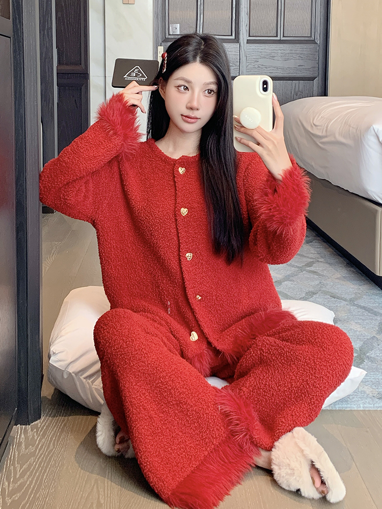 Red Sexy Thickened Coral Fleece Pajamas Set for Women - Autumn Winter Loungewear for Weddings and Cozy Evenings Red Sexy Thickened Coral Fleece Pajamas Set for Women - Autumn Winter Loungewear for Weddings and Cozy Evenings