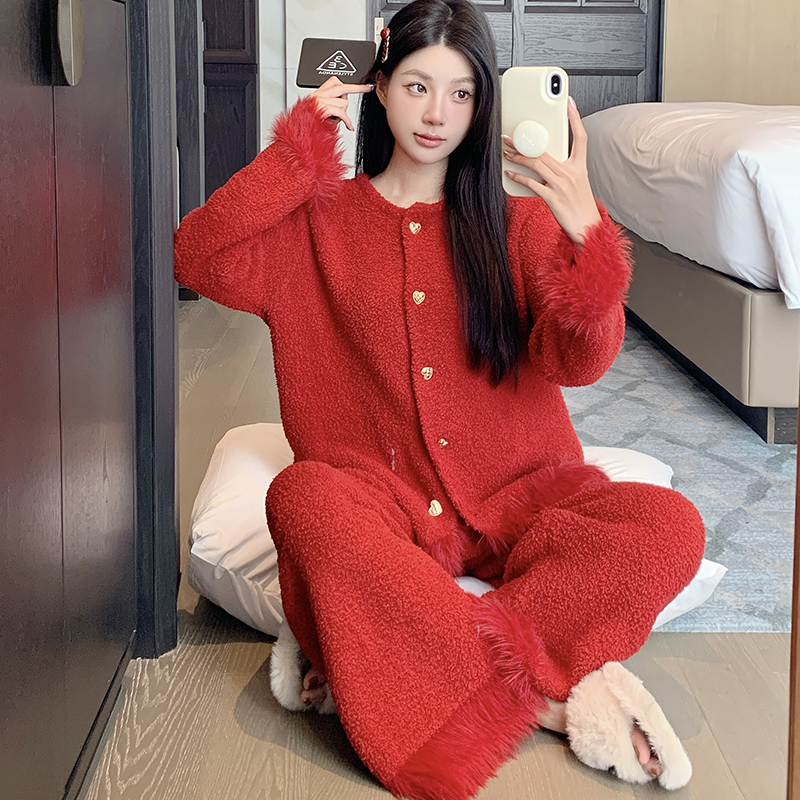 Red Sexy Thickened Coral Fleece Pajamas Set for Women - Autumn Winter Loungewear for Weddings and Cozy Evenings
