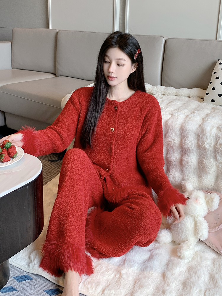 Red Sexy Thickened Coral Fleece Pajamas Set for Women - Autumn Winter Loungewear for Weddings and Cozy Evenings Red Sexy Thickened Coral Fleece Pajamas Set for Women - Autumn Winter Loungewear for Weddings and Cozy Evenings