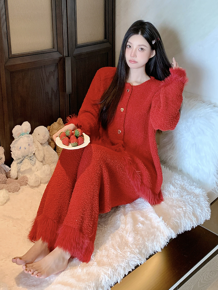 Red Sexy Thickened Coral Fleece Pajamas Set for Women - Autumn Winter Loungewear for Weddings and Cozy Evenings Red Sexy Thickened Coral Fleece Pajamas Set for Women - Autumn Winter Loungewear for Weddings and Cozy Evenings