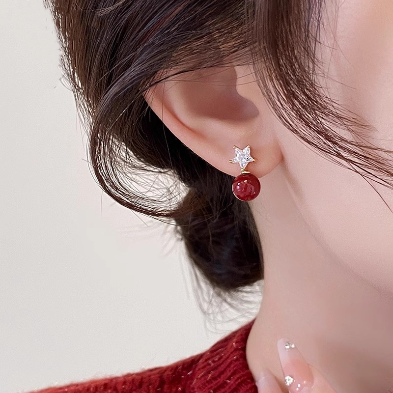 Red Shijia Pearl Stud Earrings - Elegant Temperament Niche Accessories for Chic Style Red Shijia Pearl Stud Earrings - Elegant Temperament Niche Accessories for Chic Style