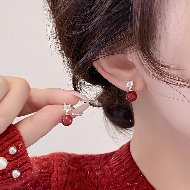 Red Shijia Pearl Stud Earrings - Elegant Temperament Niche Accessories for Chic Style Red Shijia Pearl Stud Earrings - Elegant Temperament Niche Accessories for Chic Style
