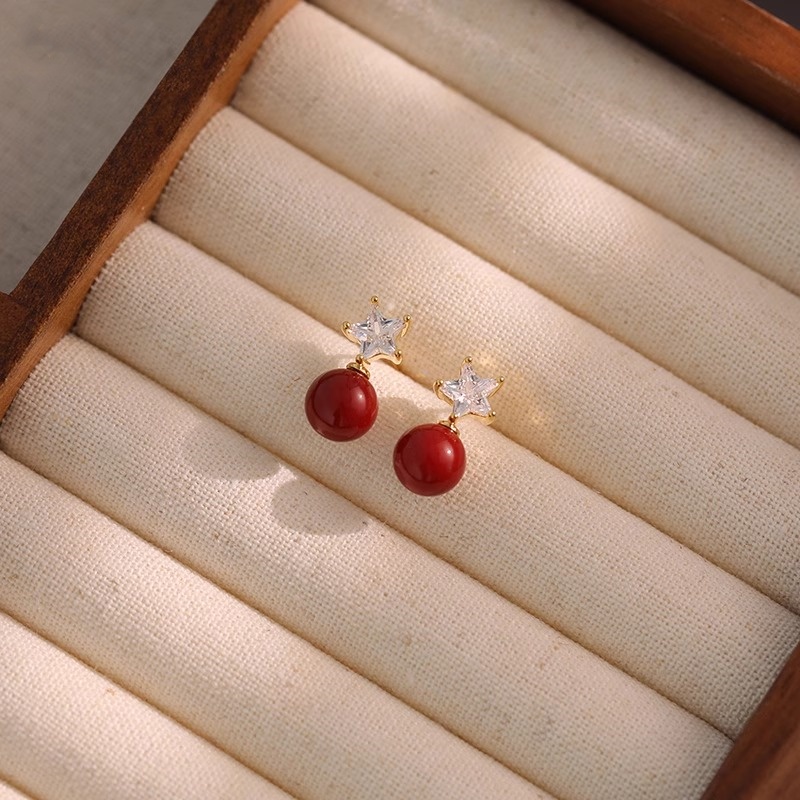 Red Shijia Pearl Stud Earrings - Elegant Temperament Niche Accessories for Chic Style
