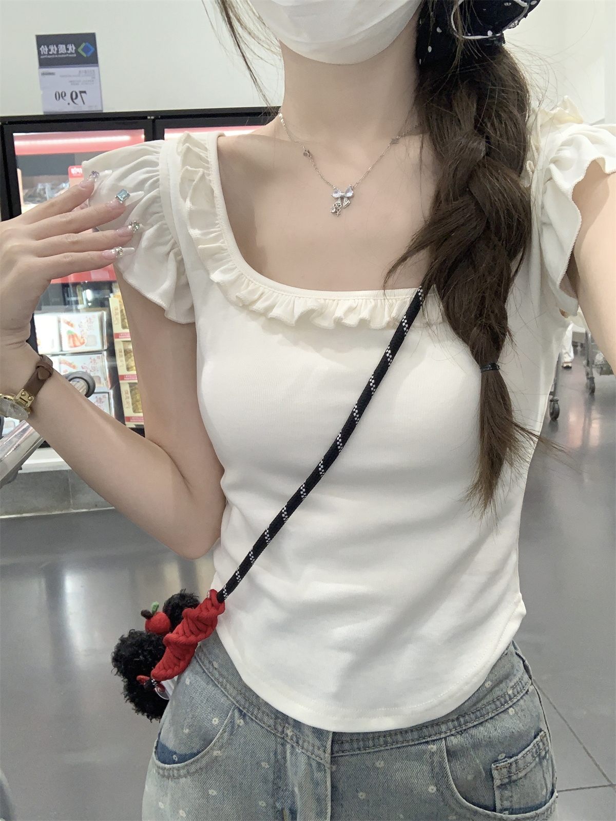 Red Short-Sleeved Women's T-Shirt with Butterfly Knot, Lace Edges, and Wide Neckline - Unique Y2K Style with Flowy Sleeves