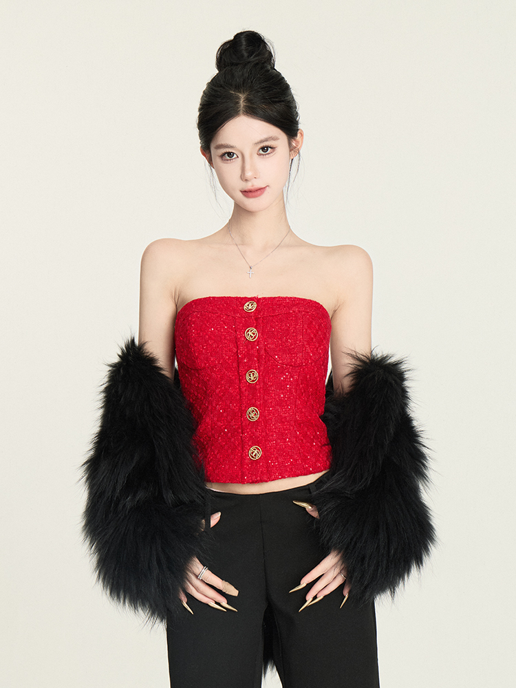 Red Strapless Knit Top - Party Princess Heavy Weight Slim Fit Vest for New Year Celebrations - Chic and Stylish Women's Fashion