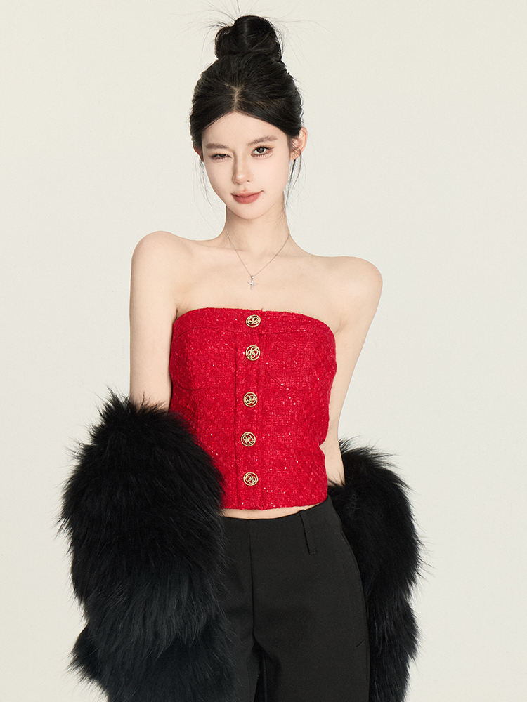 Red Strapless Knit Top - Party Princess Heavy Weight Slim Fit Vest for New Year Celebrations - Chic and Stylish Women's Fashion