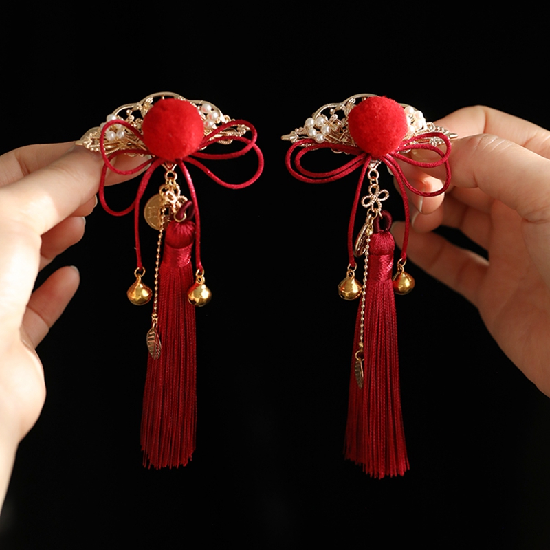 Red Tassel Bell Hair Clips for Kids - Festive Ancient Style Hanfu Side Accessories for New Year Celebrations Red Tassel Bell Hair Clips for Kids - Festive Ancient Style Hanfu Side Accessories for New Year Celebrations
