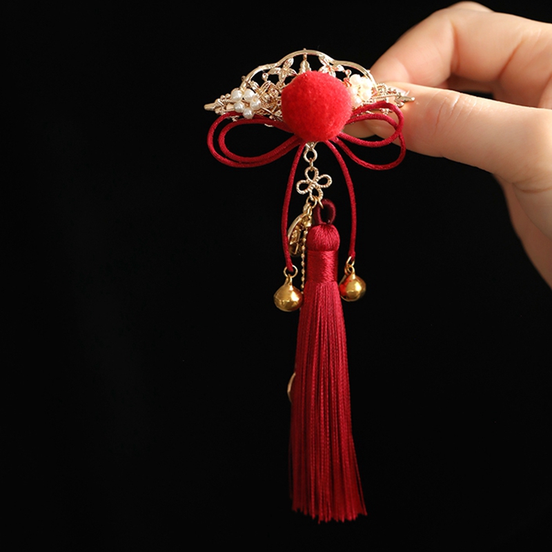 Red Tassel Bell Hair Clips for Kids - Festive Ancient Style Hanfu Side Accessories for New Year Celebrations Red Tassel Bell Hair Clips for Kids - Festive Ancient Style Hanfu Side Accessories for New Year Celebrations