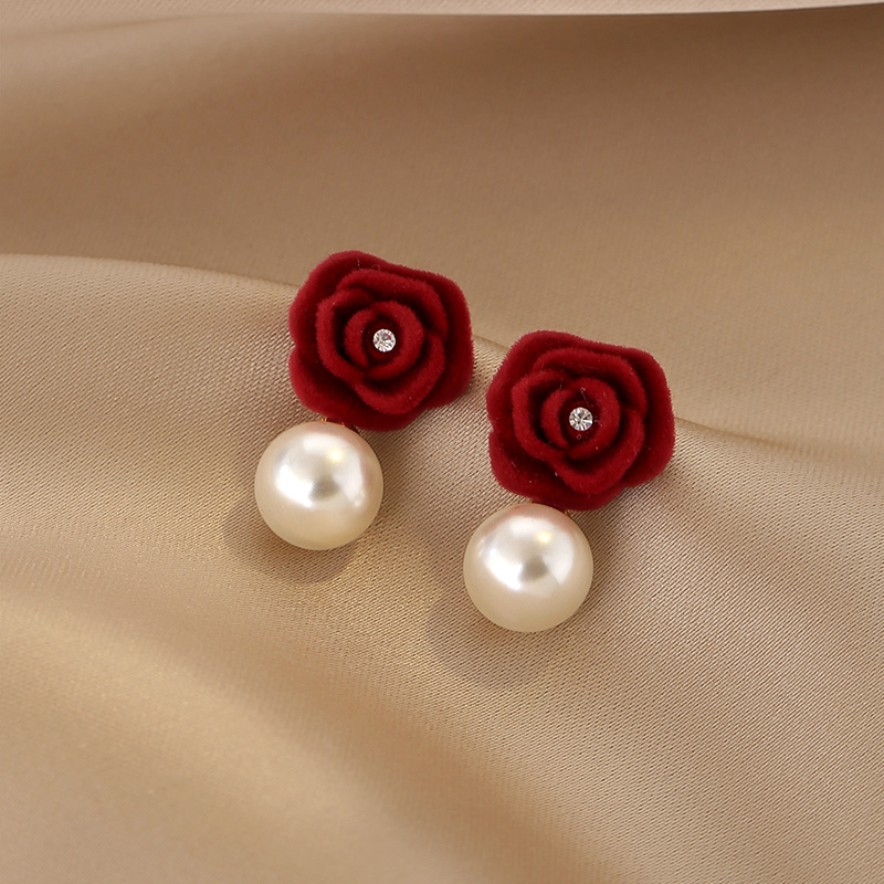 Red Velvet Rose Stud Earrings for Women, Trendy Light Luxury Pearl Drop Earrings for 2025 New Year Fashion