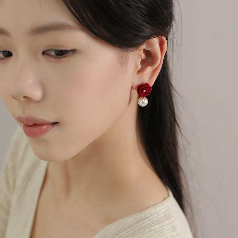 Red Velvet Rose Stud Earrings for Women, Trendy Light Luxury Pearl Drop Earrings for 2025 New Year Fashion Red Velvet Rose Stud Earrings for Women, Trendy Light Luxury Pearl Drop Earrings for 2025 New Year Fashion