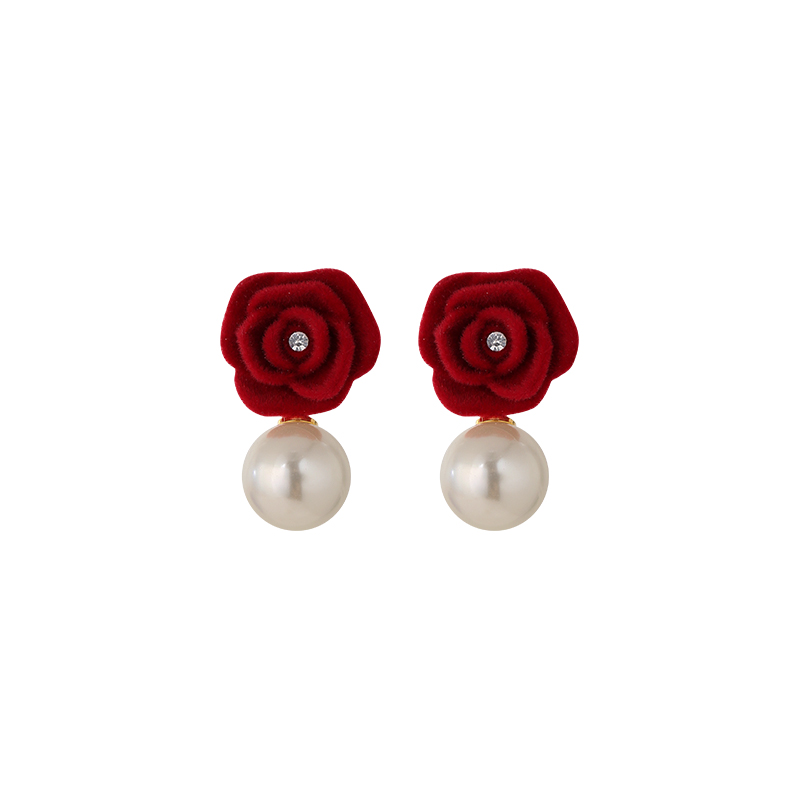 Red Velvet Rose Stud Earrings for Women, Trendy Light Luxury Pearl Drop Earrings for 2025 New Year Fashion Red Velvet Rose Stud Earrings for Women, Trendy Light Luxury Pearl Drop Earrings for 2025 New Year Fashion