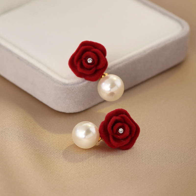 Red Velvet Rose Stud Earrings for Women, Trendy Light Luxury Pearl Drop Earrings for 2025 New Year Fashion Red Velvet Rose Stud Earrings for Women, Trendy Light Luxury Pearl Drop Earrings for 2025 New Year Fashion