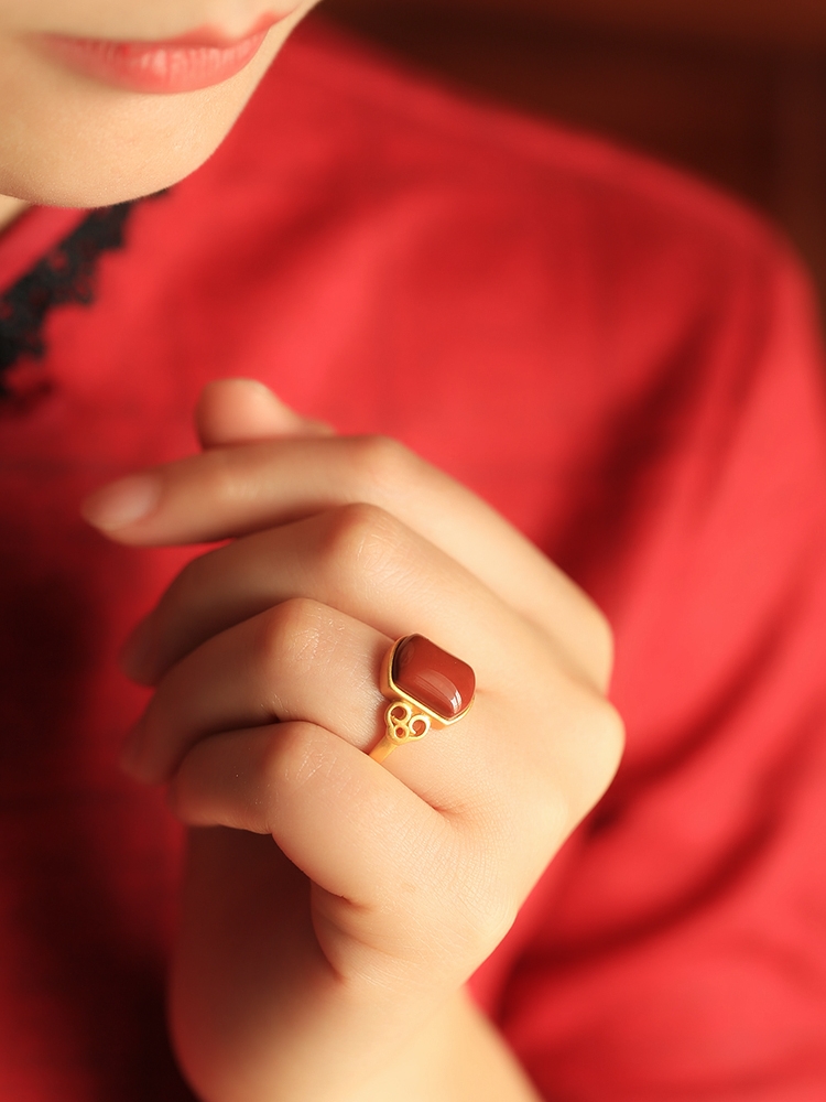 Red Vintage Chinese Style Square Pendant Ring for Women - Pure Silver, Ruby & Red Agate, Zodiac Year, Statement Fashion Ring Red Vintage Chinese Style Square Pendant Ring for Women - Pure Silver, Ruby & Red Agate, Zodiac Year, Statement Fashion Ring