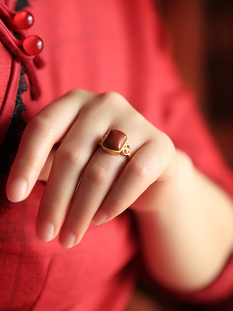Red Vintage Chinese Style Square Pendant Ring for Women - Pure Silver, Ruby & Red Agate, Zodiac Year, Statement Fashion Ring Red Vintage Chinese Style Square Pendant Ring for Women - Pure Silver, Ruby & Red Agate, Zodiac Year, Statement Fashion Ring