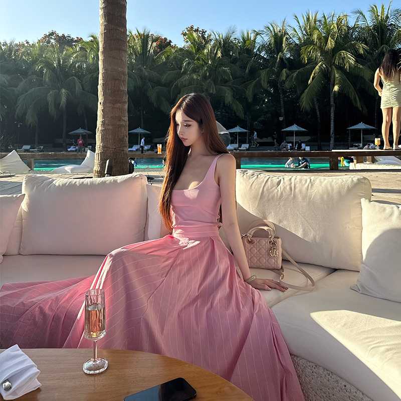 Relaxed Pink Knitted Vest Strap Dress for Women - Striped Summer Holiday Style