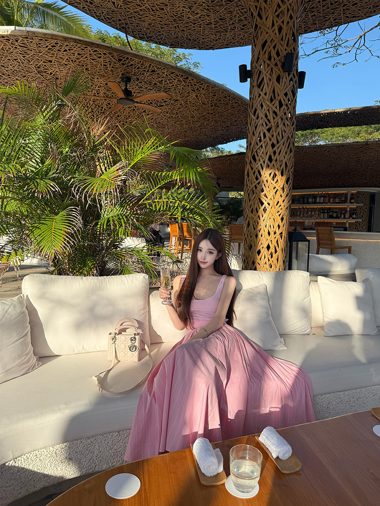 Relaxed Pink Knitted Vest Strap Dress for Women - Striped Summer Holiday Style Relaxed Pink Knitted Vest Strap Dress for Women - Striped Summer Holiday Style