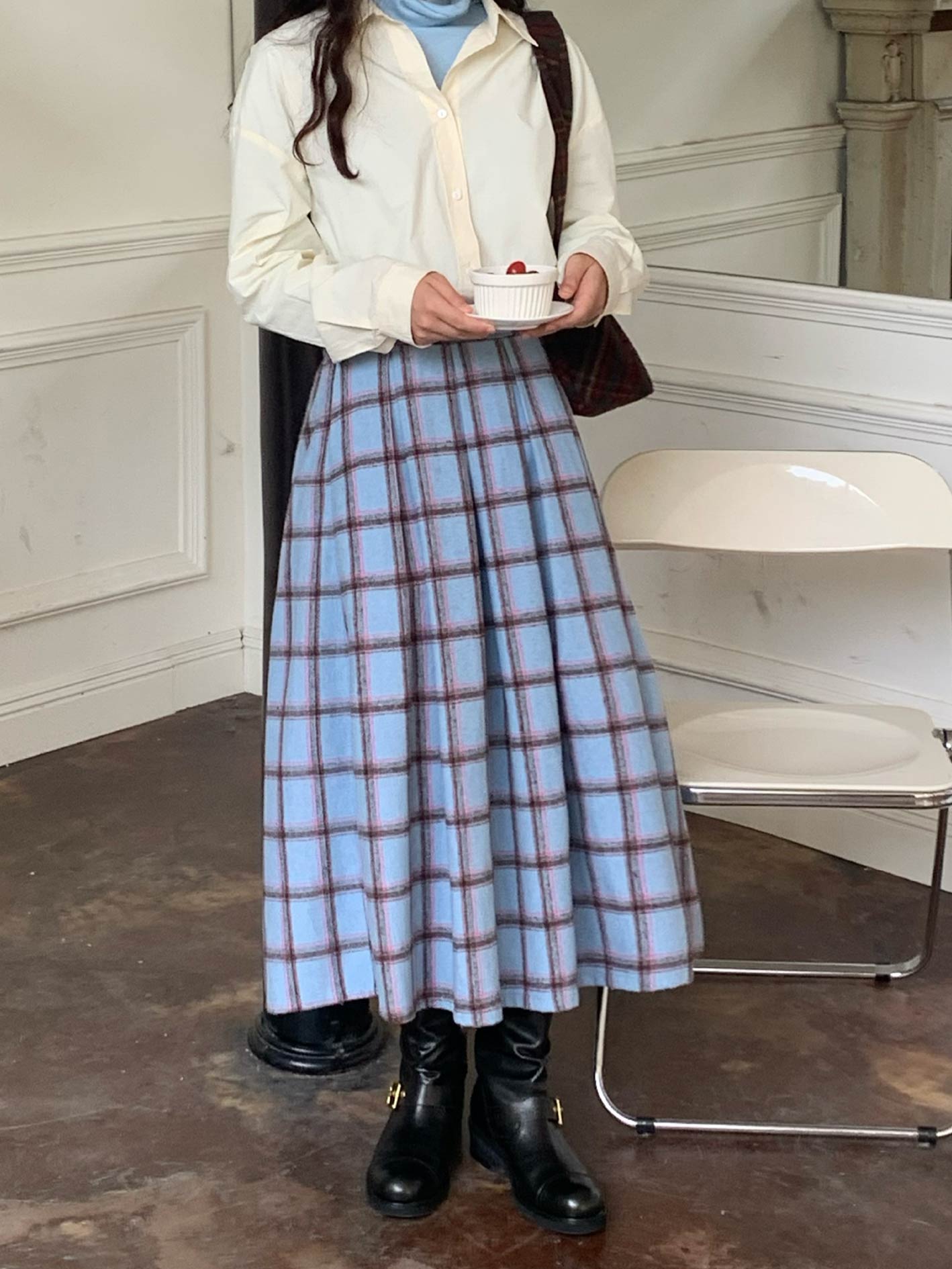 Retro A-Line Pleated Wool Skirt with Elastic Waist in Blue - Versatile Woolen Design for 90s and Y2K Fashion