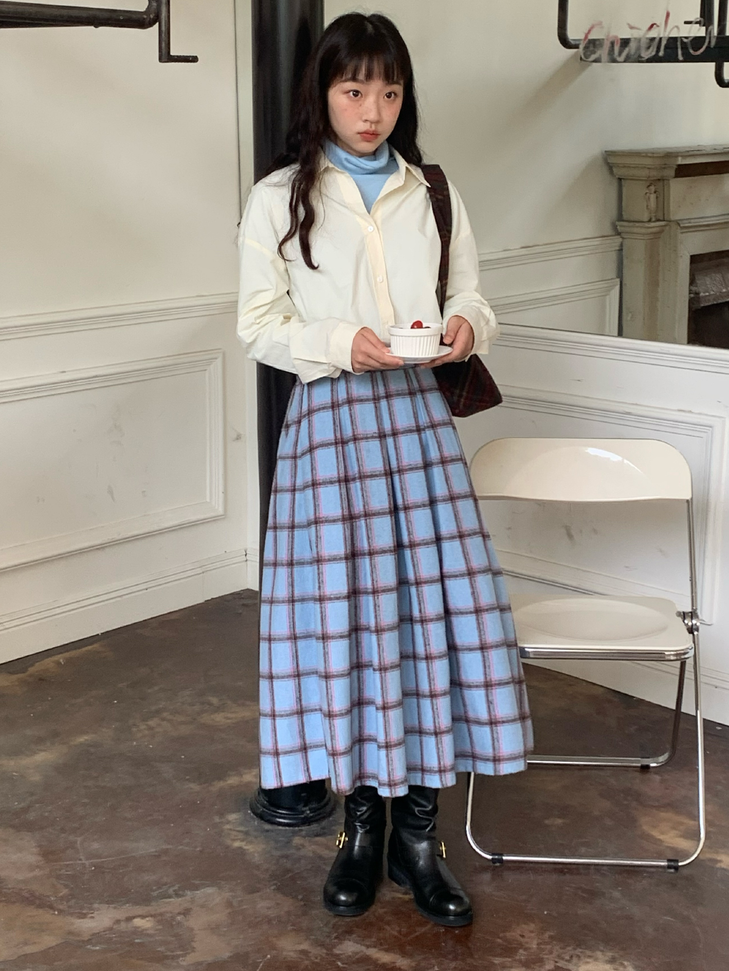 Retro A-Line Pleated Wool Skirt with Elastic Waist in Blue - Versatile Woolen Design for 90s and Y2K Fashion