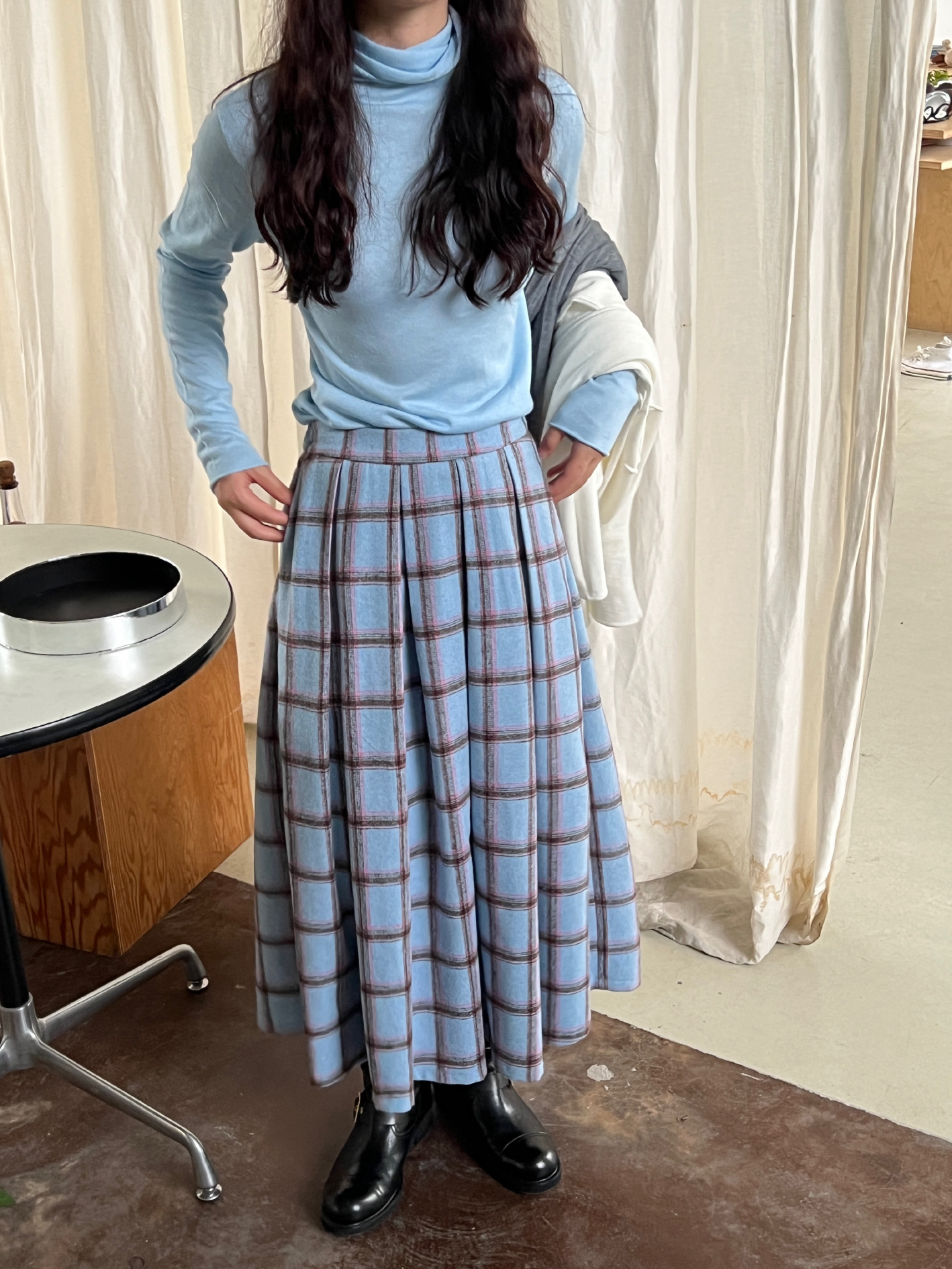 Retro A-Line Pleated Wool Skirt with Elastic Waist in Blue - Versatile Woolen Design for 90s and Y2K Fashion Retro A-Line Pleated Wool Skirt with Elastic Waist in Blue - Versatile Woolen Design for 90s and Y2K Fashion