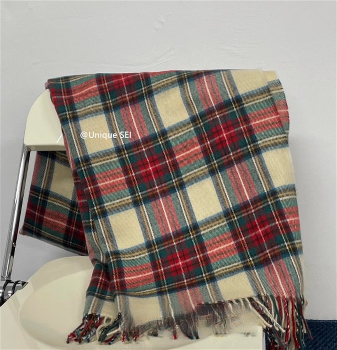 Retro Academy Cream Khaki Plaid Scarf with Tassels - Warm Versatile Winter Accessory, Influencer Style
